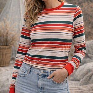 Retro Striped Long Sleeve Crop Top Red Green Orange Fitted Tee Small